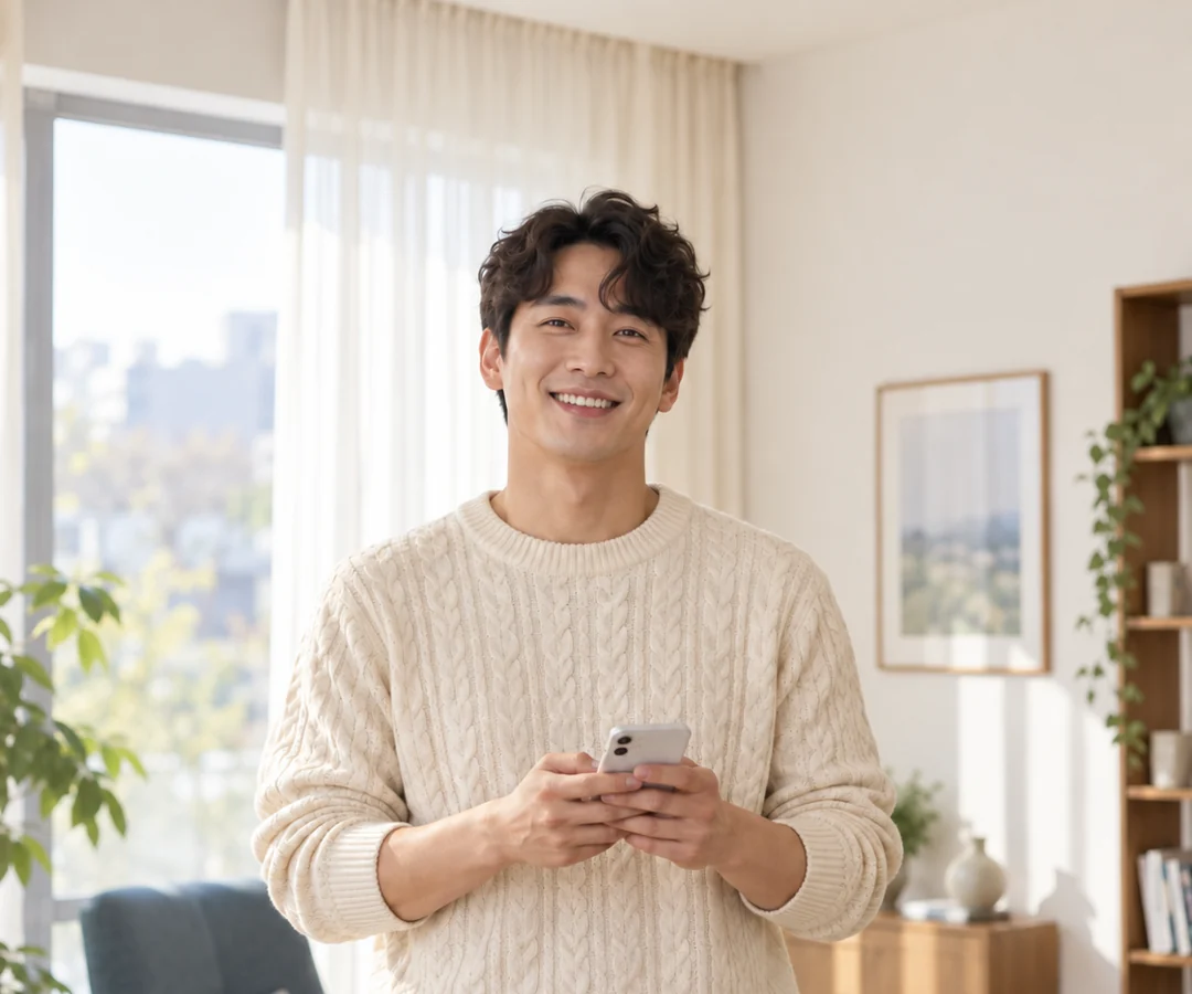 휴대전화로 문자 상담을 하며 미소 짓는 고객